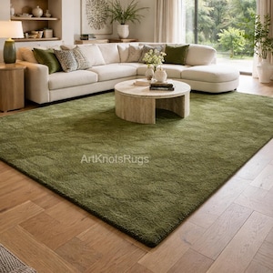 Solid Olive Green Hand Tufted Area Rug, Plush Moss Green Rectangular Carpet, Organic Modern rugs for living room and bedroom Decor 4x6 5x8