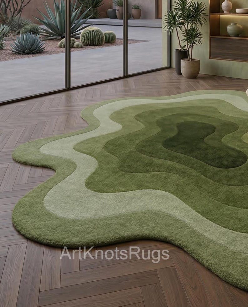Funky Green Rug Hand Tufted Retro Wavy Area Rug, Irregular Green Organic Shape Rug ...