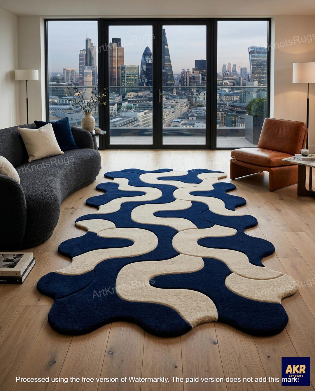 Irregular Shape Navy Blue and Cream Wavy Area Rug Organic Modern ...