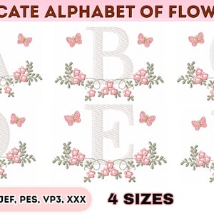 May include: Embroidered alphabet letters A, B, C, D, E, and F, each adorned with floral arrangements and butterflies. The design features delicate pink flowers and green leaves, with the text "DELICATE ALPHABET OF FLOWERS" at the top.