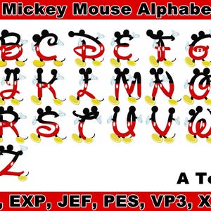Alfabeto bordado do Mickey Mouse de A a Z (Arquivo digital - pes, jef, dst, vp3, exp, xxx)