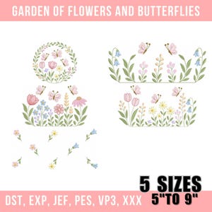 May include: An embroidery design set featuring floral and butterfly motifs. The designs include a circular wreath, floral borders, and individual flowers and butterflies. The text "GARDEN OF FLOWERS AND BUTTERFLIES" is at the top. The set offers 5 sizes, ranging from 5" to 9".