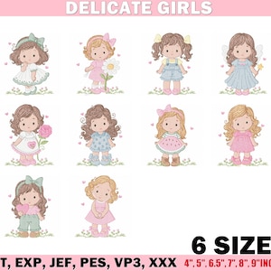 Peut inclure: Ensemble de motifs brodés représentant des filles de dessins animés dans diverses tenues. Les motifs incluent des filles en robes, salopettes et costumes de fées. Le texte "DELICATE GIRLS" et "6 TAILLES" avec des tailles de 10.16cm à 22.86cm sont inclus.