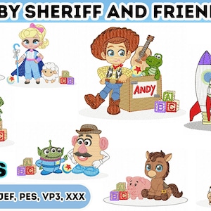 May include: Embroidered designs featuring characters from the "Toy Story" franchise. The image includes a green dinosaur, a cowboy, a space ranger, and other characters. The text "BABY SHERIFF AND FRIENDS" is at the top. The image also includes the text "6 SIZES".