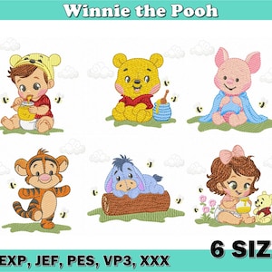 May include: A digital embroidery design featuring six adorable Winnie the Pooh characters. The image includes Pooh, Piglet, Tigger, Eeyore, and two children, all surrounded by bees and clouds. The text "Winnie the Pooh" and "6 SIZES" are also present.