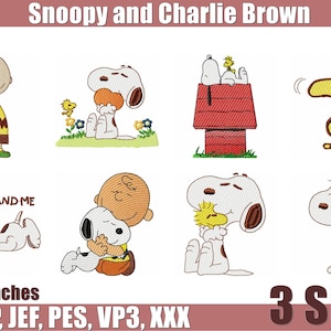 Puede incluir: Diseños bordados de Snoopy y Charlie Brown en varias poses. La imagen incluye a Charlie Brown, Snoopy, Woodstock y la caseta de Snoopy. También está presente el texto "YOU AND ME". Disponible en tamaños de 10,16 cm, 12,7 cm y 15,24 cm.