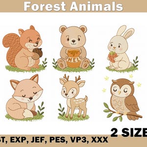 May include: Embroidered designs of six forest animals: a squirrel, bear, rabbit, fox, deer, and owl. The squirrel holds an acorn, the bear a honey pot, and the rabbit a carrot. The text "Forest Animals" and "2 SIZES" are displayed.