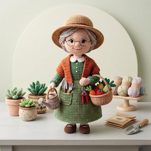 May include: A crocheted doll of a smiling elderly woman wearing a straw hat, glasses, and a green dress with an orange cardigan. She holds a watering can and a basket of vegetables. Small potted succulents and yarn are in the background.