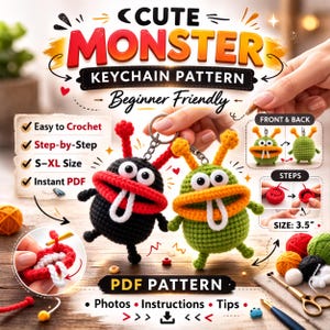 Puede incluir: Un patrón de crochet para un llavero de monstruo lindo. La imagen muestra dos llaveros terminados, uno negro y otro verde, con detalles en rojo y naranja. El patrón es apto para principiantes e incluye instrucciones paso a paso. El llavero terminado mide 8.89 cm.