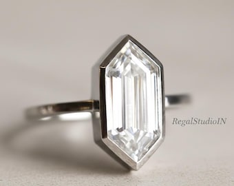 Bague de fiançailles hexagonale | Solitaire en or blanc serti clos
