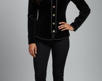 Zwart fluwelen legerjack dames - Victoriaanse gotische blazer met gouden knopen - Steampunk slim-fit Royal Parade-jas