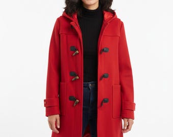 Abrigo estilo trenca vintage de lana roja, parka de invierno estilo preppy para mujer con botones de cuerno