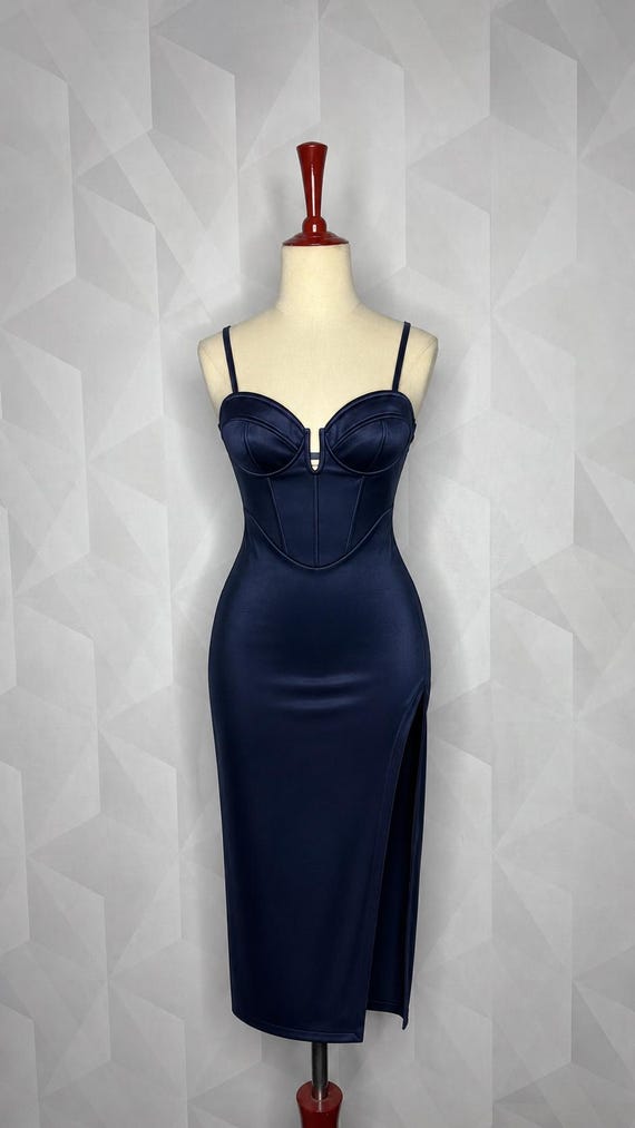 navy blue spaghetti strap bodycon corset dress Fashion Sheath Spaghetti Straps Pleated Short/Mini Silk Like Satin Corset Dress