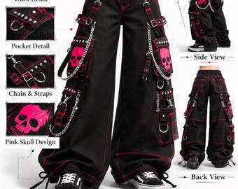 Pantalones cargo estilo punk gótico: Negro, calavera rosa, cadenas plateadas, costuras rojas, pierna ancha