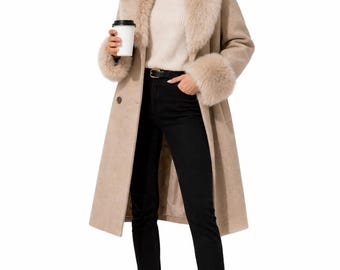 Abrigo largo de mezcla de lana beige con ribete de piel sintética, chaqueta de invierno de estilo victoriano.