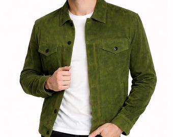 Chaqueta vaquera de ante verde oliva para hombre – Piel auténtica, corte ajustado.