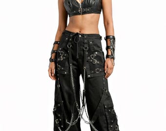 Pantalones cargo negros de estilo gótico con cadena, estilo punk streetwear, pernera ancha, elegante