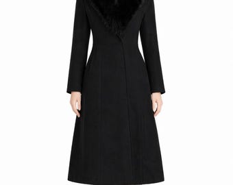 Abrigo largo de lana negra con cuello de piel sintética – Abrigo de estilo victoriano