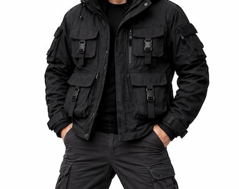 Chaqueta táctica negra para hombre, parka multiusos con múltiples bolsillos, cortavientos estilo streetwear, cyberpunk, militar, con capucha tipo cargo.