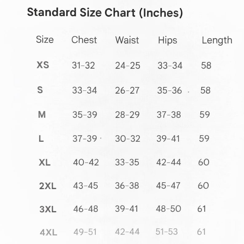 Op de afbeelding: Een standaard maattabel in inches, met borst-, taille-, heup- en lengtematen. Maten vari&euml;ren van XS tot 4XL. De tabel helpt klanten bij het vinden van de juiste kledingmaat. Maten in inches.