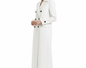 Gabardina blanca de piel sintética – Abrigo largo cruzado, estilo gótico urbano