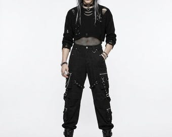 Pantalones cargo góticos negros, ropa urbana cyberpunk techwear, pantalones punk Harajuku