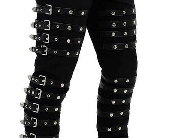 Pantalones negros con hebilla gótica para hombre, estilo steampunk, estilo motero, con múltiples tiras, estilo cargo, moda urbana alternativa.