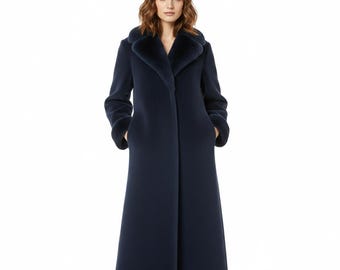 Abrigo largo de lana azul marino de lujo para mujer, elegante abrigo de invierno atemporal.