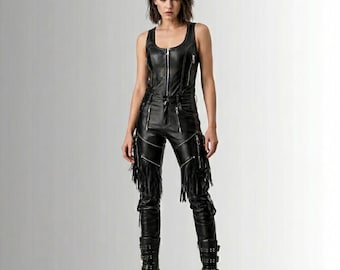 Pantalones de cuero negro con flecos, pantalones de motorista gótico punk, cremalleras, estilo steampunk cargo.