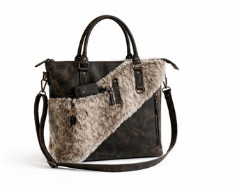 Bolso tote de piel auténtica envejecida con detalles de piel sintética – Bolso de hombro artesanal