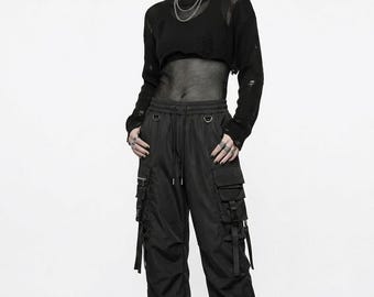 Pantalones cargo negros unisex, joggers multibolsillos de estilo técnico, pantalones góticos holgados, estilo urbano Y2K.