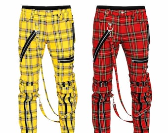 Pantalones cargo a cuadros para hombre: estilo urbano Y2K, estilo punk con hebilla y moda Harajuku.