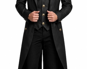 Frac gótico negro para hombre, chaqueta de estilo militar victoriano steampunk.