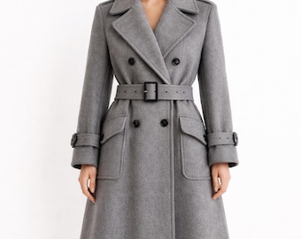 Abrigo de lana gris hecho a mano, gabardina cruzada con cinturón