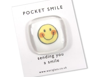 Pocket Smile Fused Glass, Yellow smile face, NHS, key worker, friendship gift, Keepsake, lockdown, social distancing, isolation gift