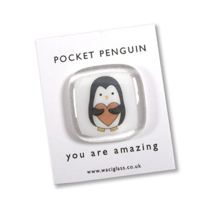Pocket Penguin Fused Glass, pocket hug, love you, thinking of you, miss you, you are amazing, pocket hug, gift for her, friendship gift