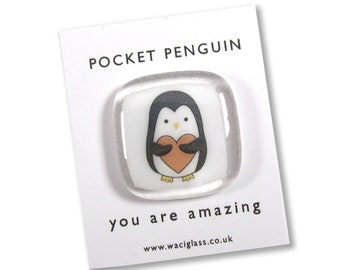 Pocket Penguin Fused Glass, pocket hug, love you, thinking of you, miss you, you are amazing, pocket hug, gift for her, friendship gift