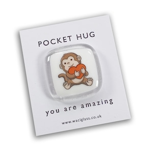 Fused Glass Monkey Hug: Pocket Token Gift, hugs, love you, thinking of you, miss you, you are amazing, NHS, friendship gift, pocket pebble
