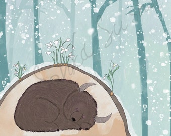 Sleeping Yakobear Art Print (4 different sizes) - Winter Bear Hibernation Greeting Card