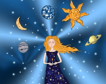 Space Girl in the Universe Art Print (2 different sizes) - Cosmos Girl