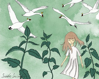 The Wild Swans Art Print - Children wall decor - Nursery Decor - Girls Wall Art - Fairy Tale Print -Botanical Print