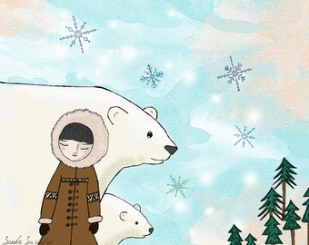 Inuit Girl with Two Polar Bears Art Print (4 different sizes)