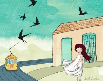 Girl with swallows in Lisbon Art Print (4 different sizes) - Swallow Print Art - Train - Portugal