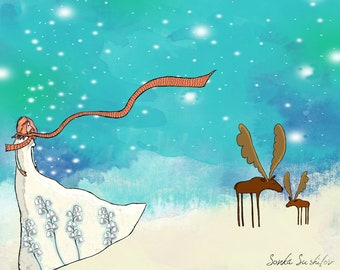 Girl with Moose Art Print (4 different sizes)