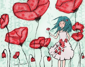 Girl with Poppies Art Print (3 different sizes) - Red Poppy Flower