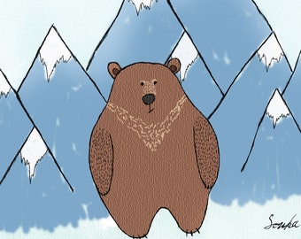 Bear in Mountains Print (3 different sizes) - Brown Bear Greeting Card