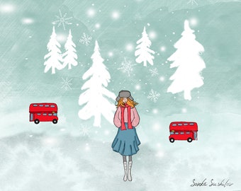 London Girl with Red Buses Art Print (4 different sizes)