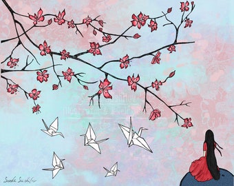 Origami Paper Cranes and Cherry Blossom Art Print (4 different sizes) - Japanese Sakura
