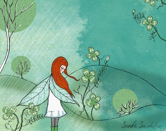 Fairy Girl with Clovers Art Print (4 different sizes)
