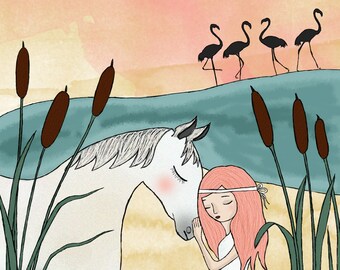 Provence Girl with a White Horse and Flamingo Art Print (4 different sizes) - Camargue